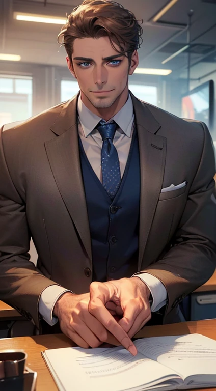 (best quality,4k,8k,highres,masterpiece:1.2),ultra-detailed,(realistic,photorealistic,photo-realistic:1.37),1 man,3,mature man,very handsome,without expression,smile,short grey brown hair,blue eyes,penetrating gaze,perfect face without errors,imposing posture,businessman,office background,cinematic lighting,hdr image