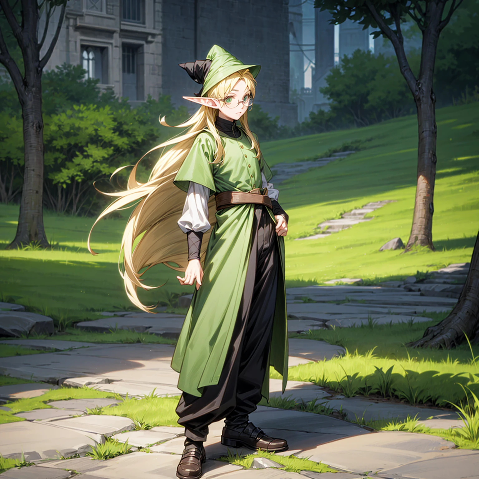 Solo character, full body version, young man, (elf), green eyes, blonde color hair, long hair, formal clothing, long pants, shoes, outdoor, town, medieval, standing gesture, detailed background, detailed clothing, detailed hair, (Hunter x Hunter style art, Doraemon style art), happy, glasses, witch hat, big muscle