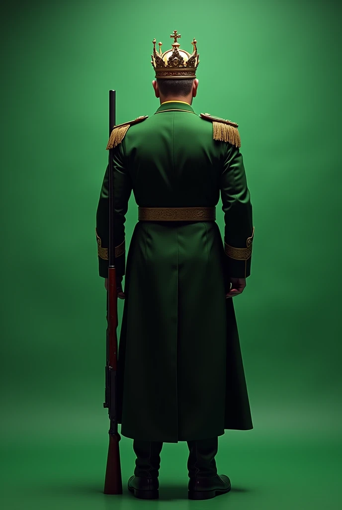 Full Back viewed, Military governor general standing with handed long shot gun, Male, King's crown on head , green uniform,  plain green screen background 