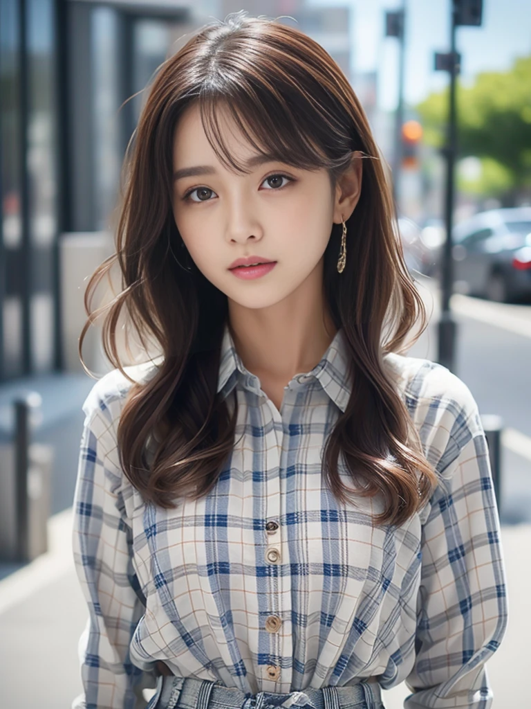 denim pant、Gingham plaid shirt、pumps、A detailed face、Detailed lips、A detailed eye、luslous skin、One Person