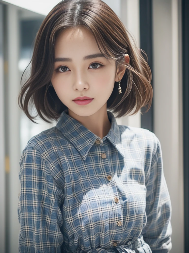 denim pant、Gingham plaid shirt、pumps、A detailed face、Detailed lips、A detailed eye、luslous skin、One Person