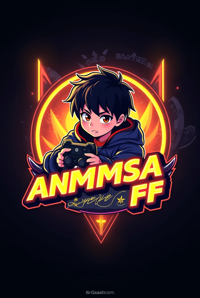 This is a gaming logo that features the name "Anm
MSA FF " in a futuristic font and a neon Golden color. and Boy Anime avtar, The logo also has a stylized controller icon. The logo is designed to be attractive and eye-catching, and to appeal to gaming enthusiasts and