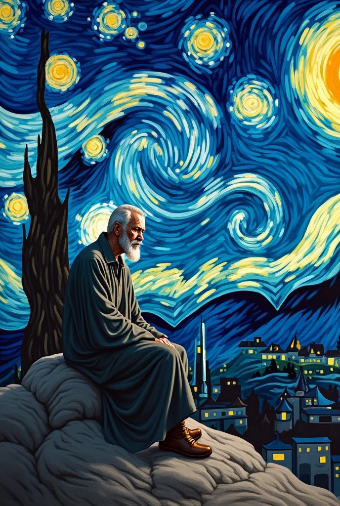 There is a philosopher sitting on a rock, and behind him the sky is full of stars like in Van Gogh&#39;s painting Starry Sky. The sky is the same as in the painting