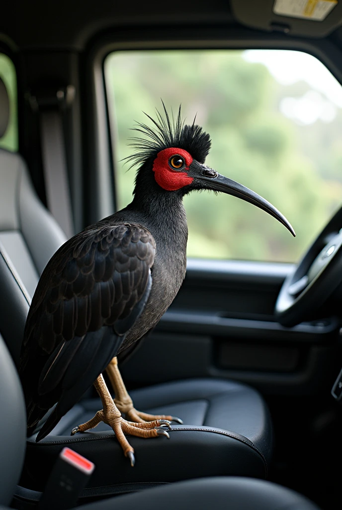 Create the image of a Brazilian partridge(rhynchotus fufescens)rich with a long beak driving a black RAM 3500 without that tuft on the head and not even a red head inside the car driving with the wings view through the window show the car better and without that tuft on the head and in its place put small black feathers she drives with the wings and remove this red part 
