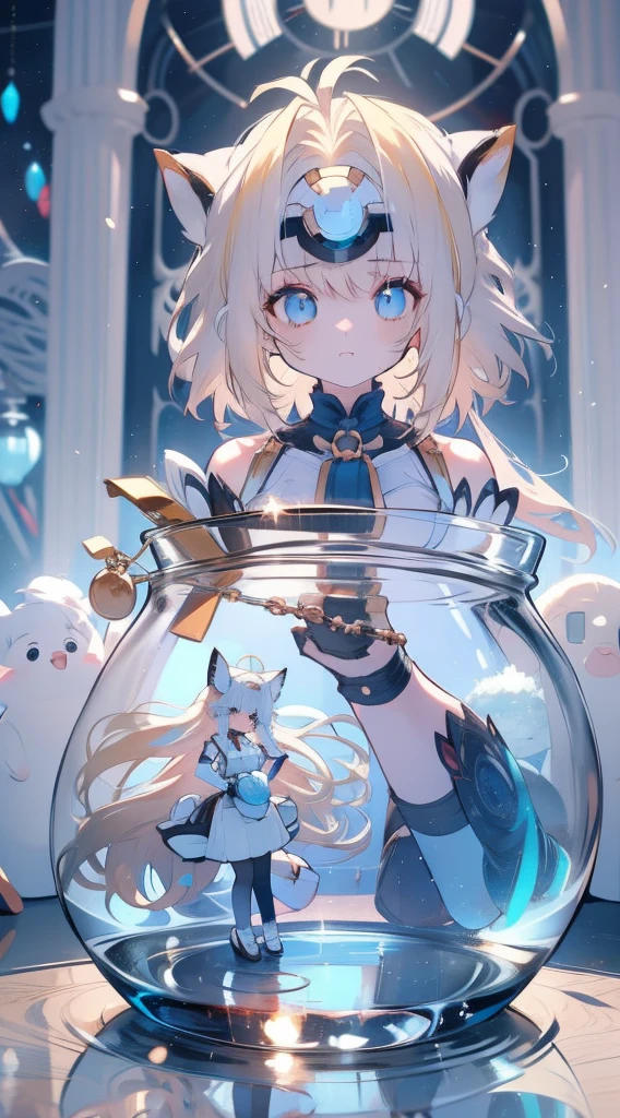((((((inside jar)))))))、one-girl, full bodyesbian, solo, girl in jar、adolable、small, A piece of, Blonde hair, long whitr hair, double tails, eBlue eyes, Eau, Eau泡