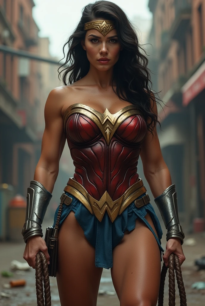 Real life wonder woman with large breasts and muscular body wearing headband, hand wraps, and lasso of truth