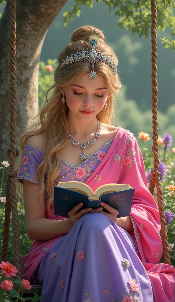 Full closeup, young woman, sitting under castle swing with crafted four pillars surrounded flowers garden, reading book, silver tiara crown with a single peacock feather in front crown, wearing a bright pink and levender silk floral embroidery sari, innocent, female, wearing silver ornaments Colorfull gemstone, beautiful and delicate, dark blonde browen shiny hair, White skin, open eyes, eye natural color, expression of peace and happiness, very saturated colors, front face