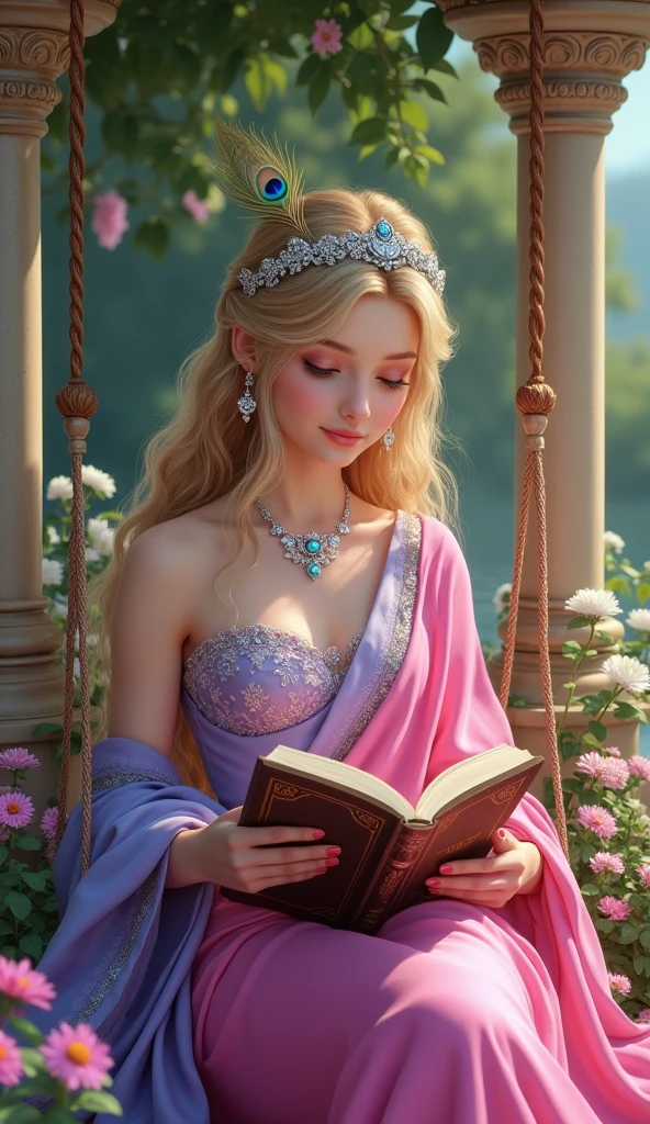Full closeup, young woman, sitting under castle swing with crafted four pillars surrounded flowers garden, reading book, silver tiara crown with a single peacock feather in front crown, wearing a bright pink and levender silk floral embroidery sari, innocent, female, wearing silver ornaments Colorfull gemstone, beautiful and delicate, dark blonde browen shiny hair, White skin, open eyes, eye natural color, expression of peace and happiness, very saturated colors, front face