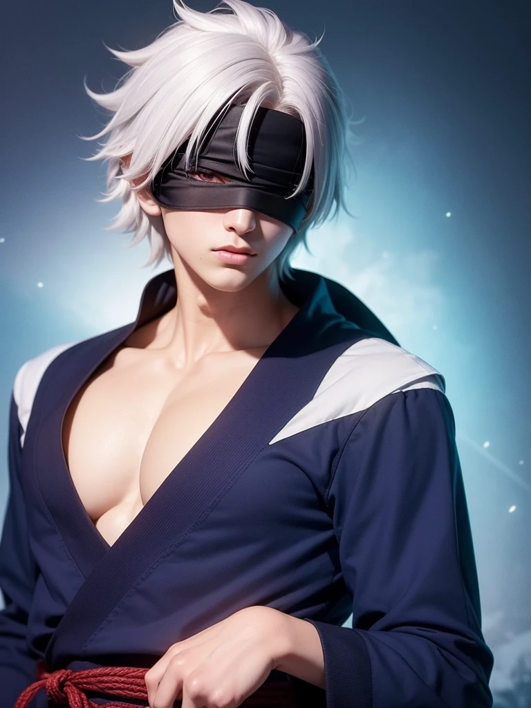 1male, goju Satoru, anime style, dark blue clothes, dark blue blindfold, purple and white hairs, epic background, 8K resolution, extremely detailed, best quality, masterpiece collection, Japanese anime, Gege Akutami