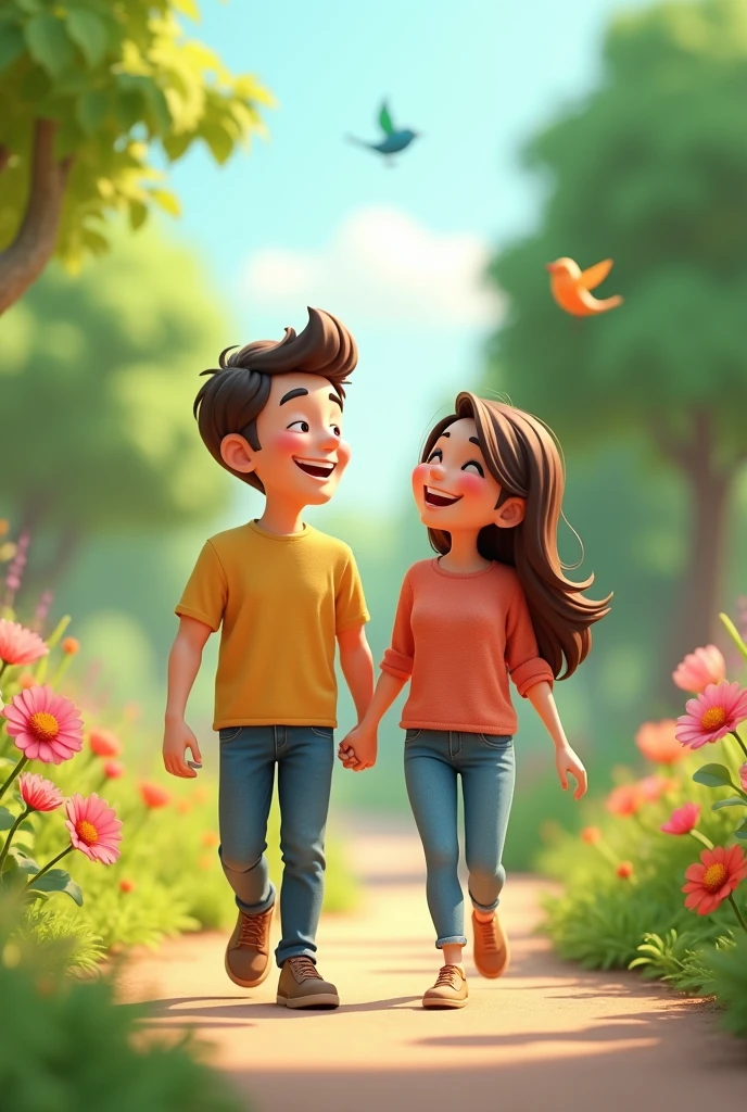 3D cartoon style "The couple is walking side by side, laughing and talking animatedly. The background shows lush greenery, flowers, and perhaps a few birds. Their faces are filled with happiness as they enjoy the beauty of nature together".