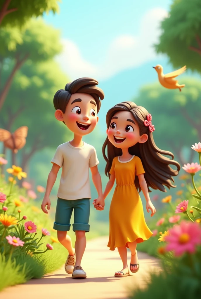 3D cartoon style "The couple is walking side by side, laughing and talking animatedly. The background shows lush greenery, flowers, and perhaps a few birds. Their faces are filled with happiness as they enjoy the beauty of nature together".