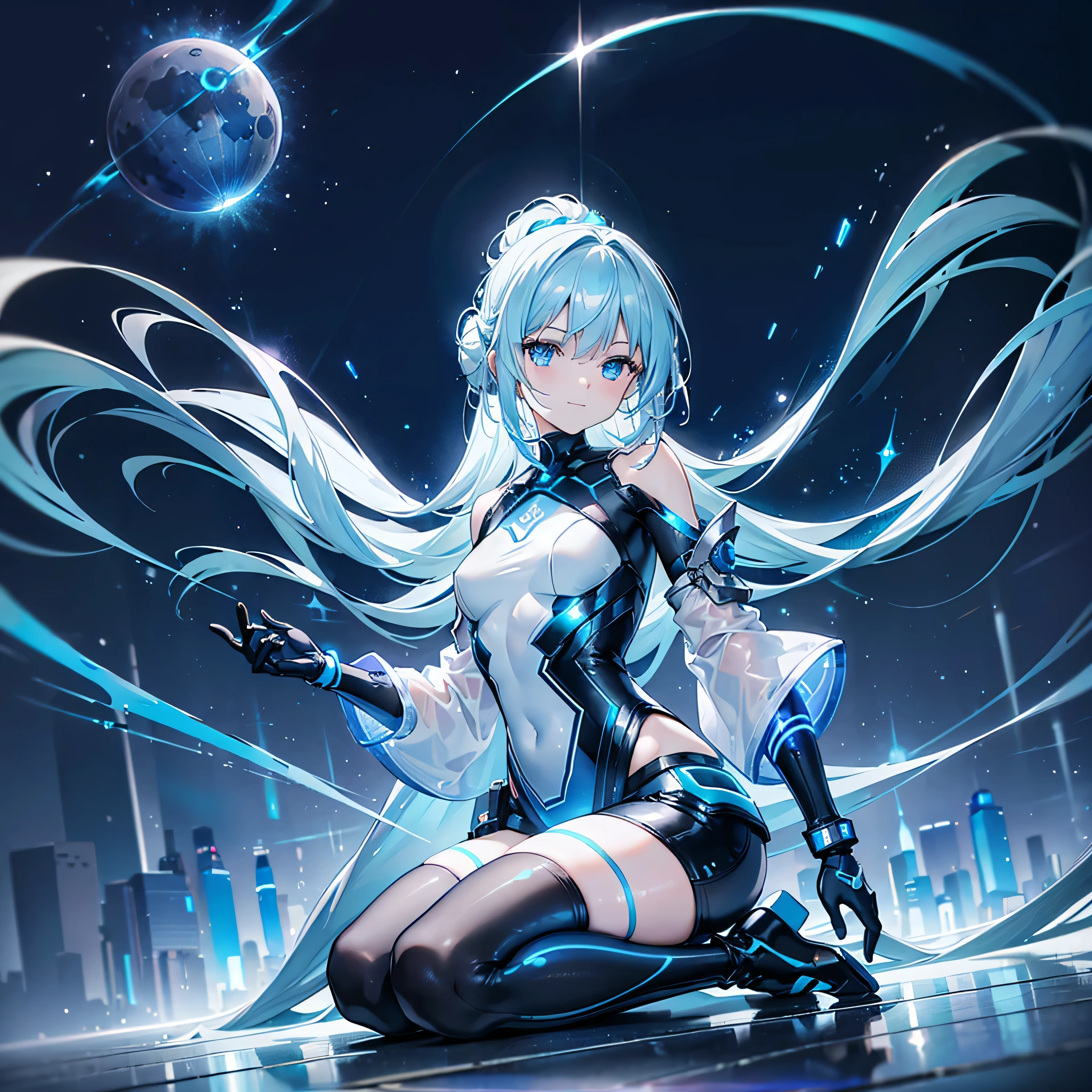 ((Holographic glow effect)),8k, Highest quality, (real:1.4), Original photo, 1 person, Asari Hair, Biological Amplifier, Very sleek and futuristic armor, posture: Peace talks between warring factions,,attention arousal, smart blue eyes,A modest smile,Knee-high boots,Patent-look blue tights,Blue big moon and blue light swirl in the background,Blue light from behind,blue light magic,A small, glowing blue ball in the palm of your hand,Blue flame swirl,Blue Comet,Polished floor,