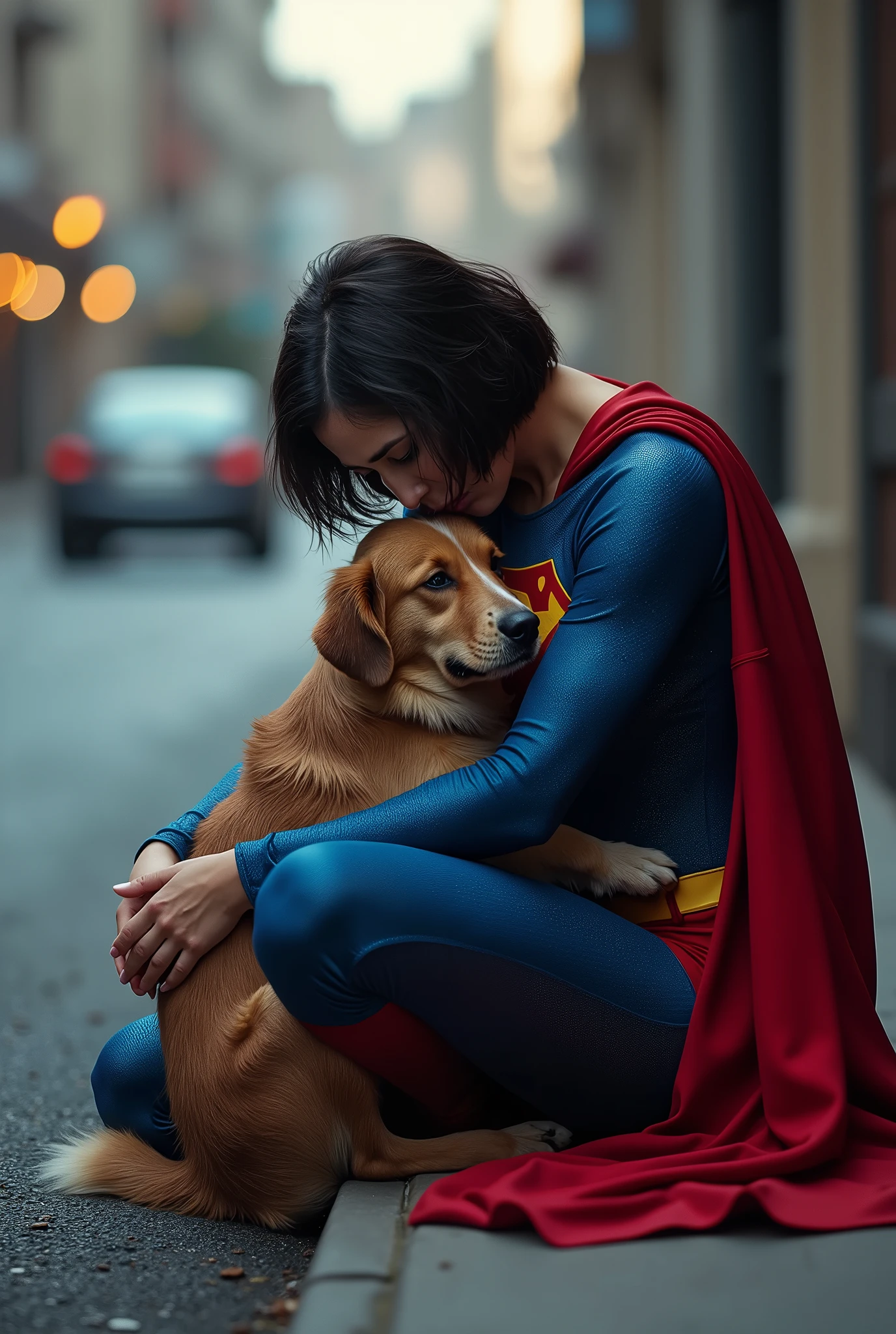 Short haired brunette woman wearing a superman costume, physically strong, sitting on the asphalt street, Hugging a dog, Grieving, side perspective, sobbing.