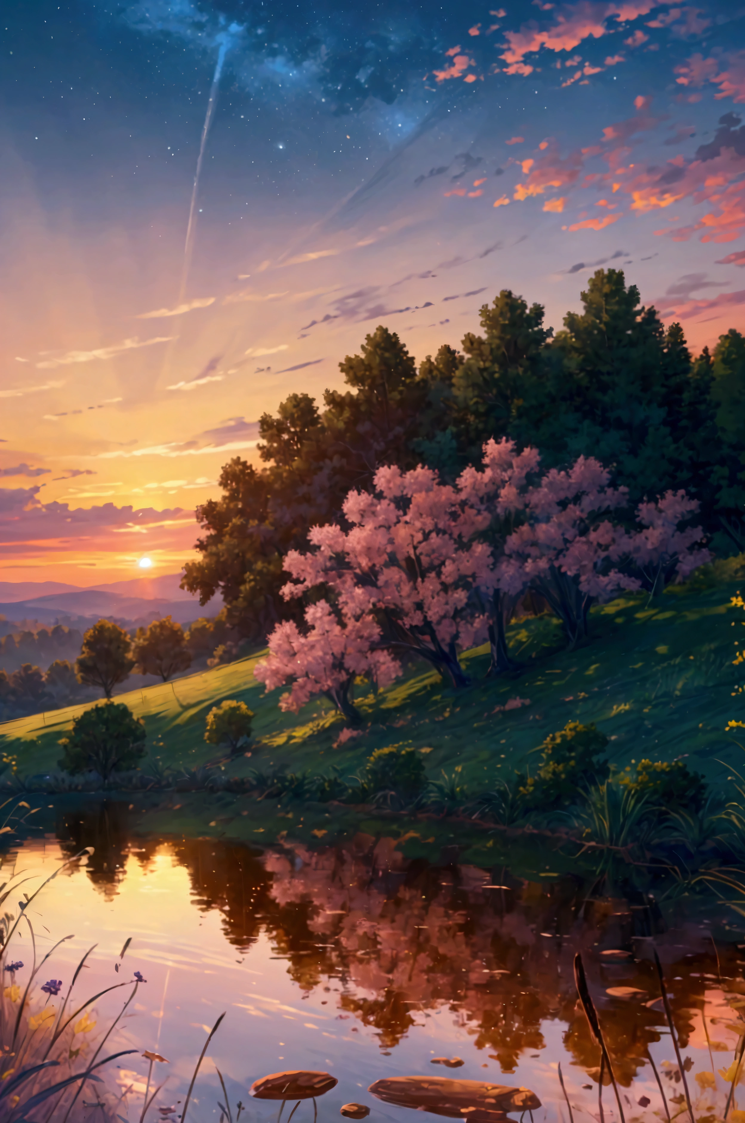 An awe-inspiring ultra-high-definition 4K digital painting capturing the serene beauty of a classic car parked atop a picturesque hill at dusk. The car, polished to a mirror-like finish, reflects the warm hues of the setting sun as it casts a golden glow over the surrounding landscape. The hill is covered in lush, green grass that sways gently in the evening breeze, dotted with wildflowers that add pops of color to the scene.
In the distance, rolling hills stretch out towards the horizon, gradually blending into the soft purples and blues of the twilight sky. The sky itself is a masterpiece of color, with streaks of orange, pink, and lavender painting a breathtaking backdrop as the sun dips below the horizon. A few wispy clouds catch the last light, adding depth and dimension to the sky.
The car, perfectly positioned to take in the panoramic view, exudes a sense of calm and quiet solitude, as if inviting the viewer to pause and take in the beauty of the moment. The overall scene is rich with intricate details, from the textures of the grassy hill to the subtle reflections on the car’s surface, capturing the tranquil yet majestic atmosphere of a peaceful evening in nature.