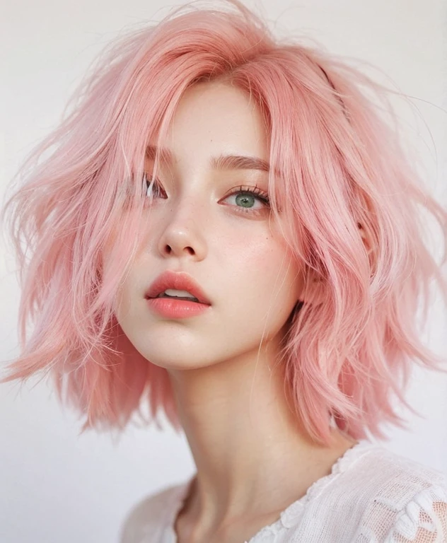 young woman, peach skin, short pink hair, wide forehead, big green eyes, buttoned nose, big pink lips, slender body, small breasts, medieval period clothing, deep neckline, Sakura Haruno, 3d