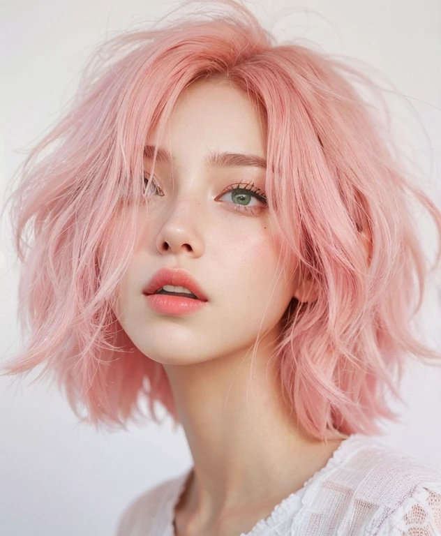 young woman, peach skin, short pink hair, wide forehead, big green eyes, buttoned nose, big pink lips, slender body, small breasts, medieval period clothing, deep neckline, Sakura Haruno, 3d