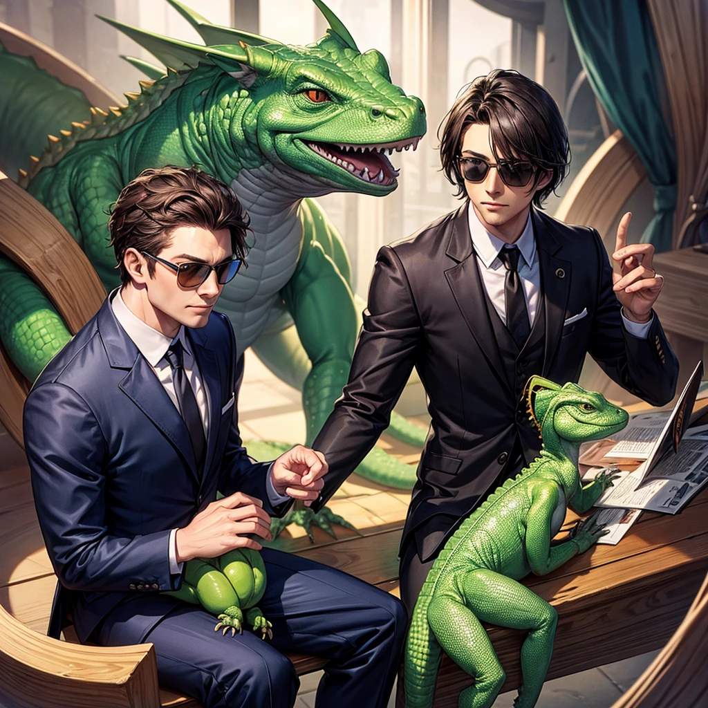 A humanoid lizzard in a suit and sunglasses