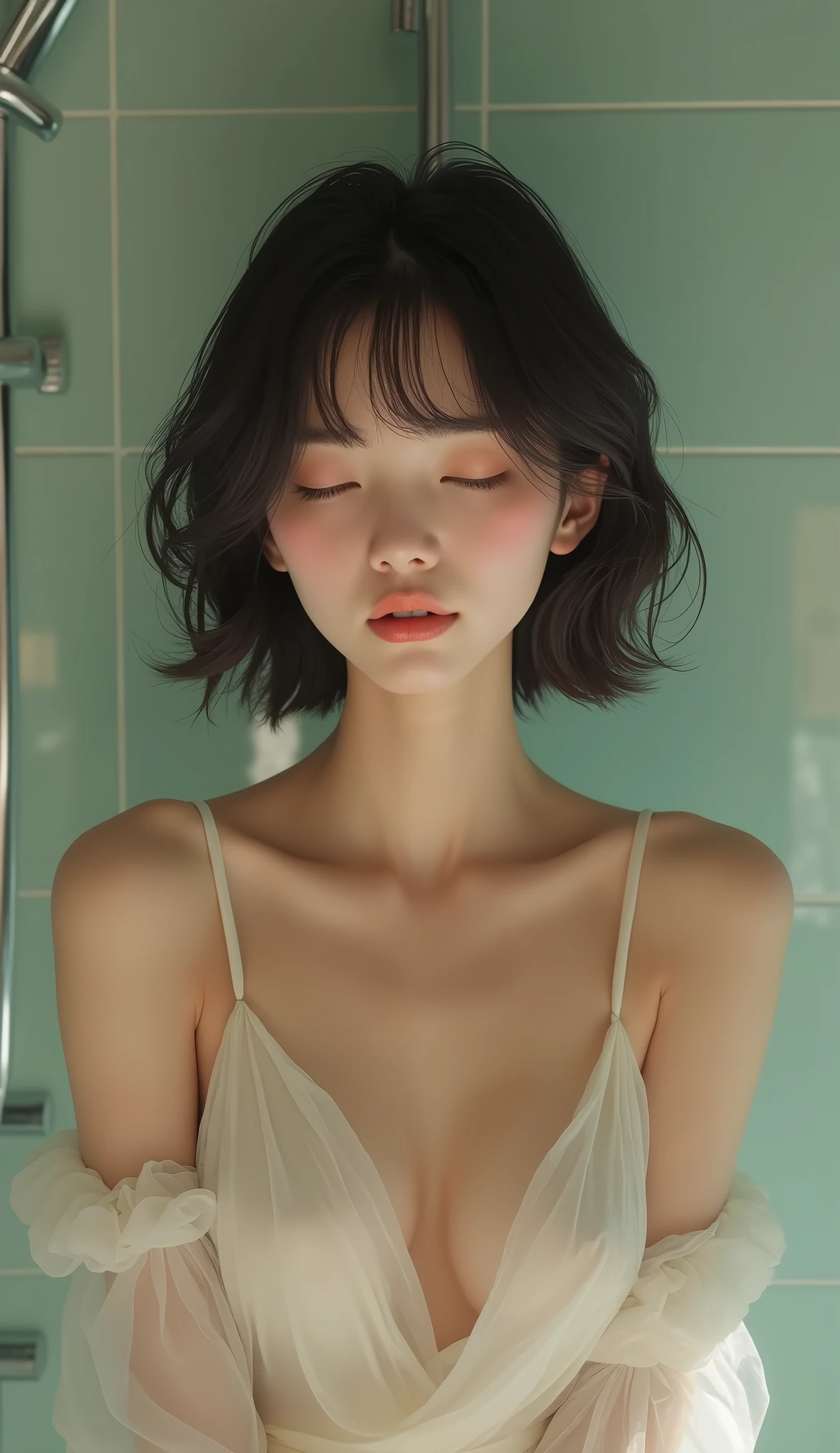 (masterpiece, 1girl, Japanese, 4, short black hair, (relaxed expression), in luxury hotel room shower, elegant lighting)