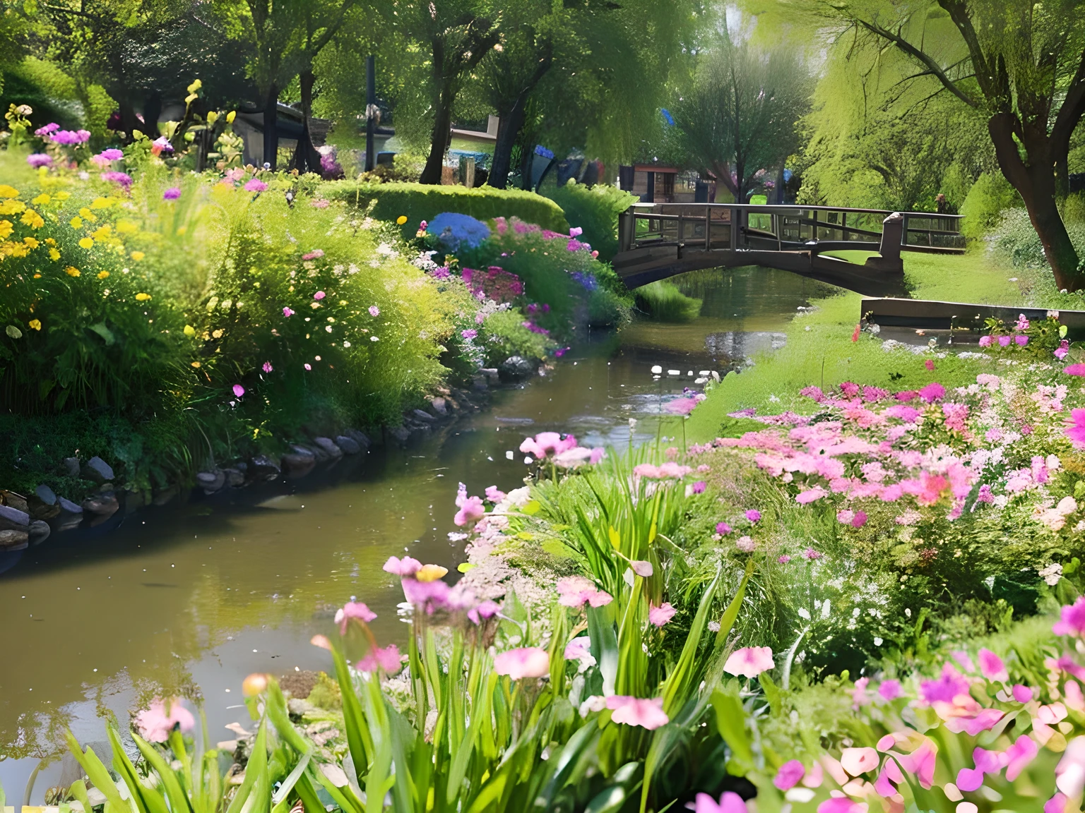 River Small river Landscape A small stream in the city No one there Flowers blooming along the river