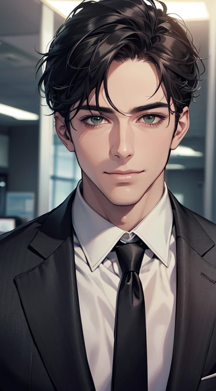 (Highest quality,4K,8K,High resolution,masterpiece:1.2),Super detailed,(Realistic,photoRealistic,photo-Realistic:1.37),1 personld,Mature Men,Beautiful skin、very handsome,Expressionless smile in love,Short gray Black hair,green eyes,Sharp Eyes,A perfect face without a doubt,Businessman, CEO, Office Background,Cinema Lighting,HDR image,tie、