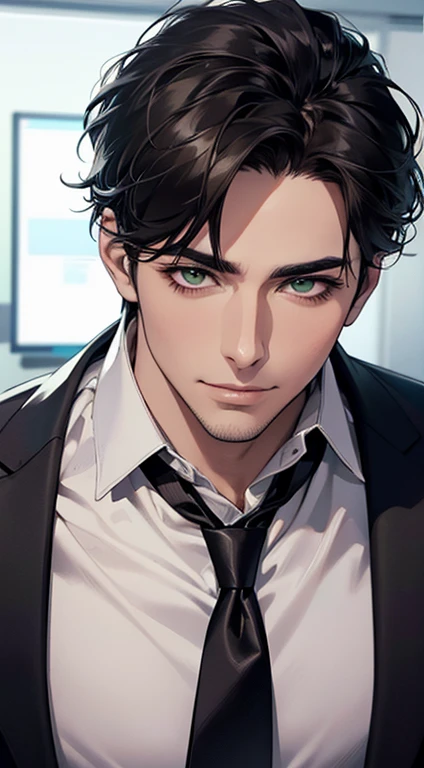 (Highest quality,4K,8K,High resolution,masterpiece:1.2),Super detailed,(Realistic,photoRealistic,photo-Realistic:1.37),1 personld,Mature Men,Beautiful skin、very handsome,Expressionless smile in love,Short gray Black hair,green eyes,Sharp Eyes,A perfect face without a doubt,Businessman, CEO, Office Background,Cinema Lighting,HDR image,tie、