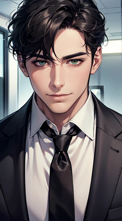 (Highest quality,4K,8K,High resolution,masterpiece:1.2),Super detailed,(Realistic,photoRealistic,photo-Realistic:1.37),1 personld,Mature Men,Beautiful skin、very handsome,Expressionless smile in love,Short gray Black hair,green eyes,Sharp Eyes,A perfect face without a doubt,Businessman, CEO, Office Background,Cinema Lighting,HDR image,tie、