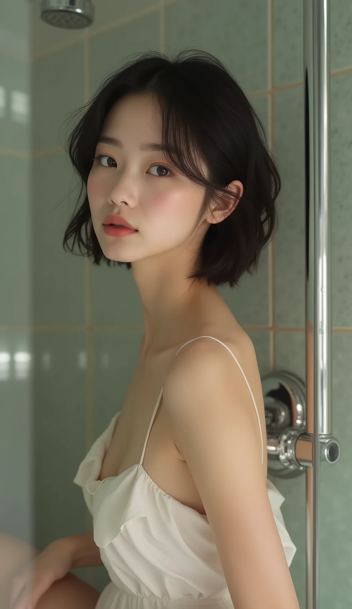 (masterpiece, 1girl, Japanese, 4, short black hair, (relaxed expression), in luxury hotel room shower, elegant lighting)