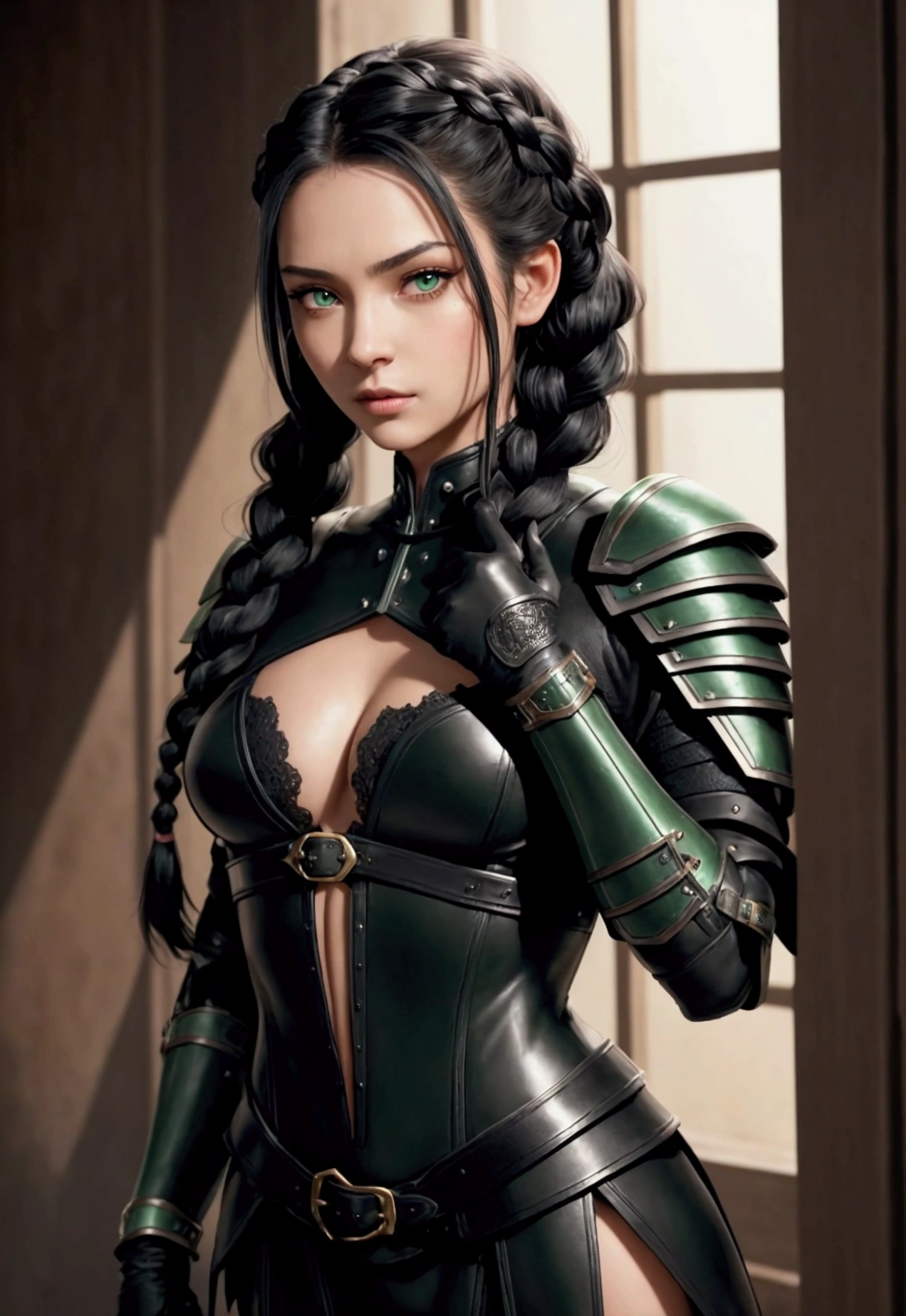 Pretty female shifter, short stature, with lush, almost black in color, hair, which he braids tightly, thick braid. dressed in leather armor. slim, prominent chest. green eyes, Cunning, even with a hint of mischief. Her skin is light. On the skin in places (on the hands, I'm tired) soft is visible, dark, smooth coat. It has a slightly flattened shape., cat-like, nose