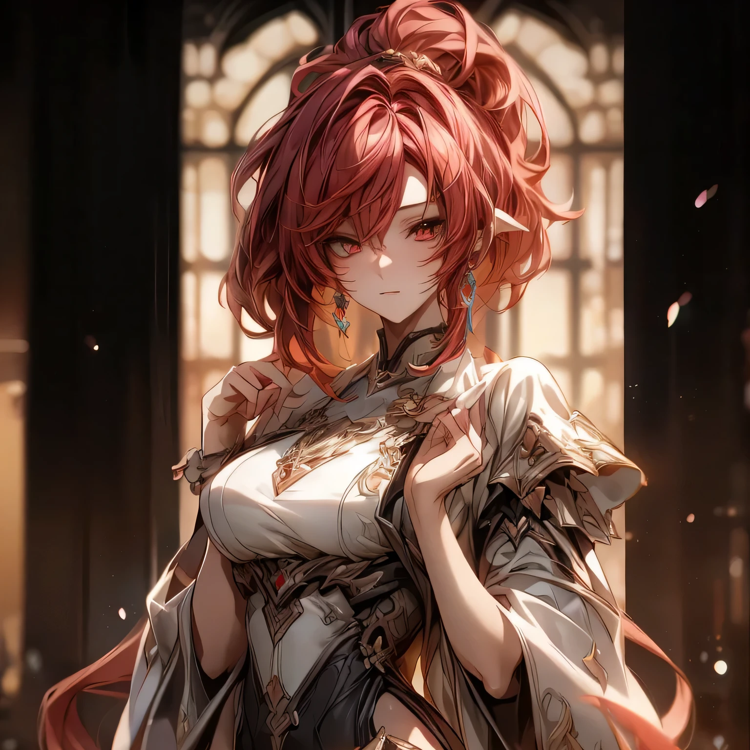 (best quality)), ((Masterpiece)), (details:1.4), 3d, HDR (high dynamic range), an image of a beautiful cyberpunk female, Red hair, High ponytail, Red eyes, จมูกโด่ง, ปากแดง, หน้าอกใหญ่, nvidia RTX, PBR surface, After processing, Anisotropic filtration,depth of field, Maximum clarity and clarity, multi-layered surface, Subsurface scattering, perfect proportions, 8K raw files, ultra detailed, Perfect proportions, volumetric lighting, soft lighting, Holy paladin, black Armor, glossy skin, castle background, jewely, ต่างหู, นิ้วมือสมบูรณ์,