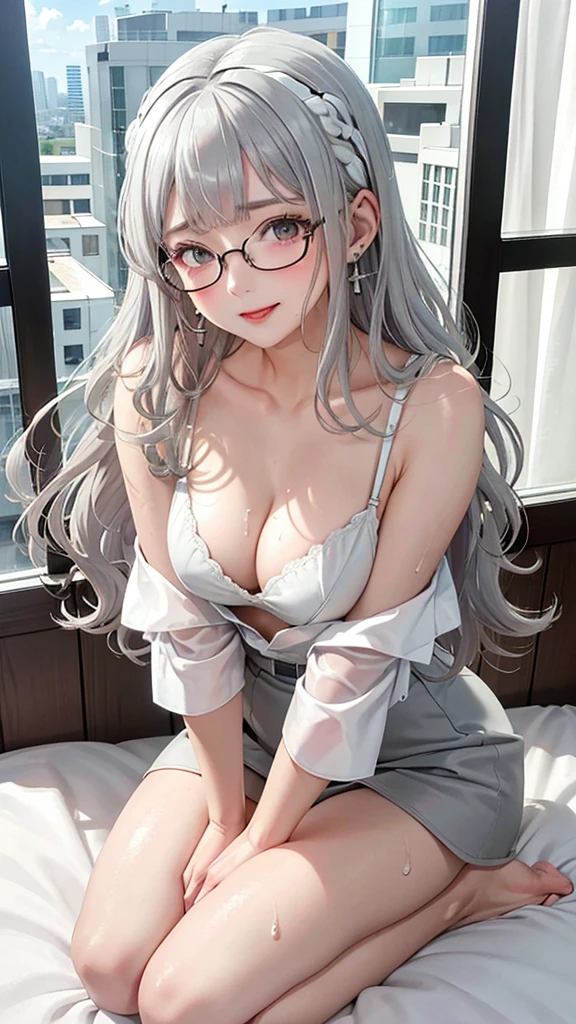 1Girl, 25 years, Solo, Anime, Ideal body, (Cleavage, Small breast, Hard Nipple). Beautiful, Gorgeous, Fresh, Blunt Bangs, (White Grey Hair:1.5),(Straight and Wavy Long Hair:1.3), colorful, suit, formal shirt, formal dress, perfect laced bra, cream bra, black bra, casual skirt, camisoles, cotton texture, laced, casual pants, Off-Shoulder, Oversize, Comfort, Loose shirt, Fabric Texture. (Seiza:1.3). Earrings, Thin Black Headband, Eye Glasses, Green Accessories, Environmental Details, Bed Room, Natural Light, Modern Bed, Chair, Window, White Curtain, City View. pov, anime style, UHD, retina, masterpiece, accurate, anatomically correct, textured skin. High Resolution, Looking at the viewer, Blush, Best Quality, Award Winning, Accurate, Embarrassed, seductive smile, naughty smile, horny, sweating, Naughty Face, Chin up, lips open, Gradient Eye Color, Sexy Pose. In the top view shot, the body is bent to the viewer, in front of the camera, looking up, tongue out, and with an open mouth. From Above, Close-Up, (sticky goo on breast), (white goo on body), (sweating). Milk, white milk on the breast. Hand correct, arm correct. 2 hand, 2 arm. Sharp, Ultra Detailed.