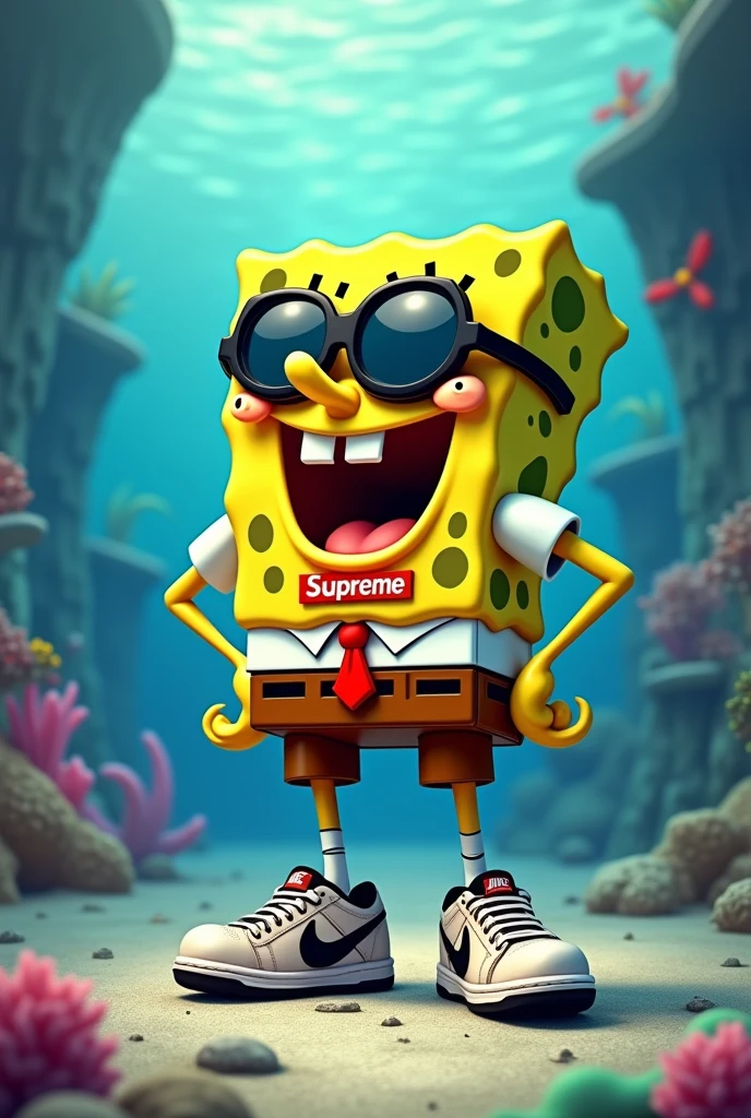 SpongeBob squarepants but with supreme drip shirt and Nike shoes and shades and with subtitles and said "Nah I'd win.." and he thinks he will win but it's not