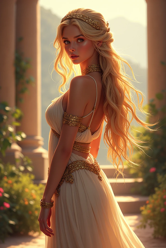 A beautiful young Greek princess with long blonde hair, piercing eyes, elegant facial features and a serene expression (anime style), detailed face and body, intricate jewelry and ornate dress, standing in a mythical Greek landscape, warm color palette, high detail, lighting, masterpiece, full body, seductive, erotic, hot, (large breasts).