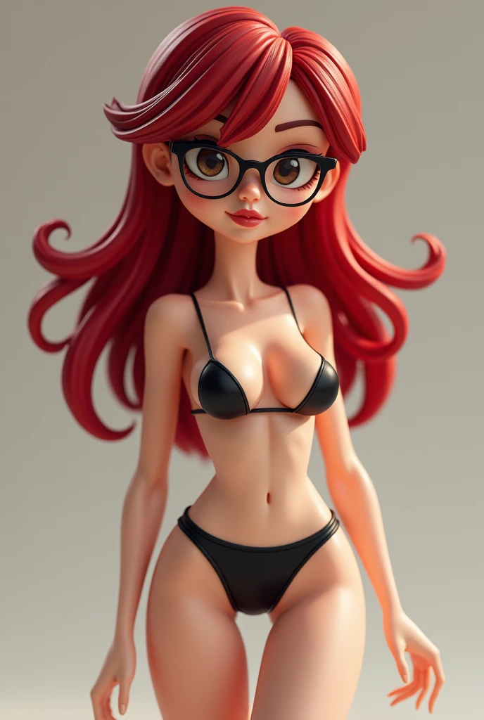 Slender animated doll with big breasts, short bangs and long deep cherry red hair with black hair tips and black underwear and gold colored glasses.