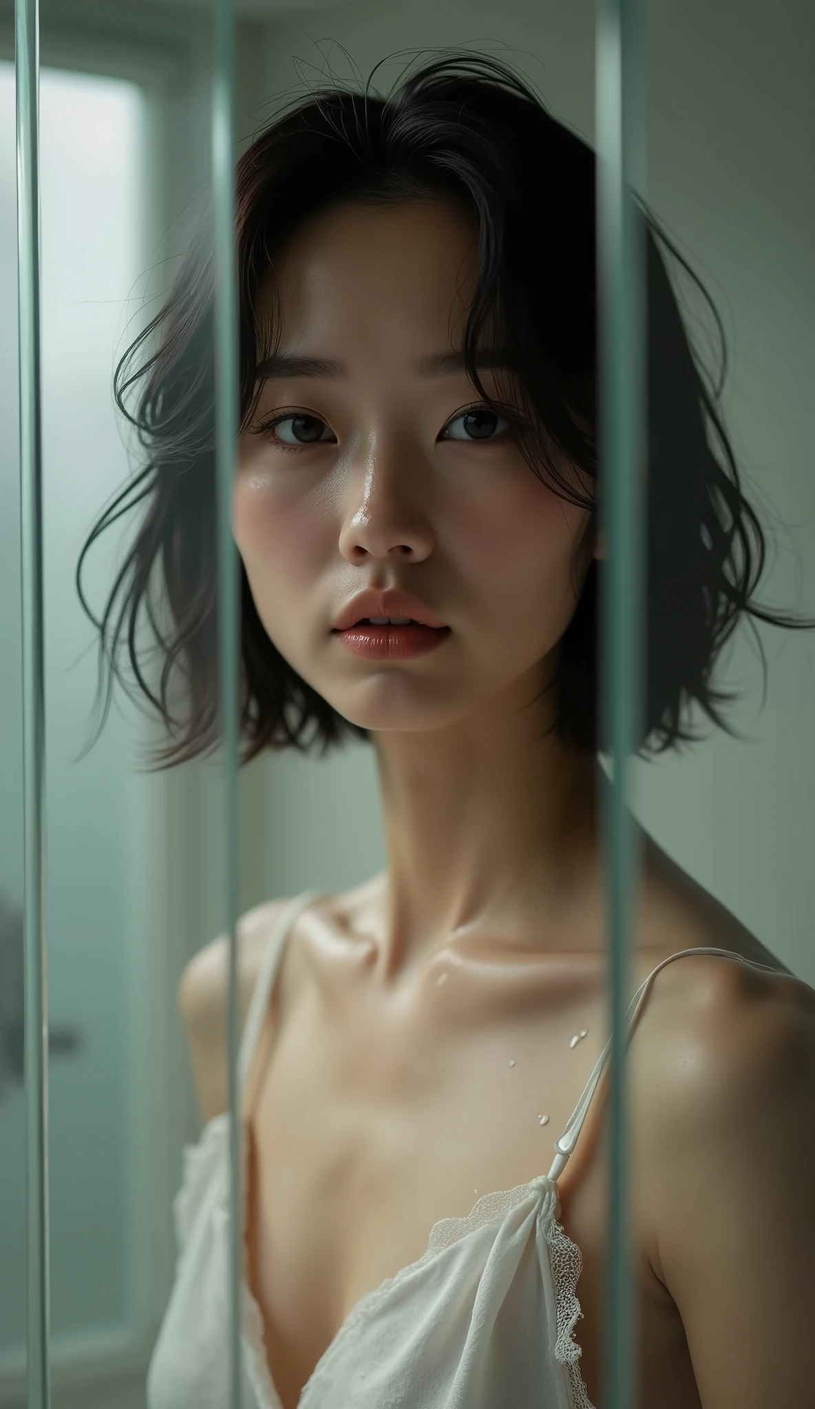 (Best quality, Japanese woman, 4, short black hair, (standing behind glass), luxury hotel shower room, (wet skin:1.2))