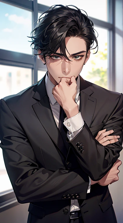 (Highest quality,4K,8K,High resolution,masterpiece:1.2),Super detailed,(Realistic,photoRealistic,photo-Realistic:1.37),1 personld,Mature Men,Beautiful skin、very handsome,Expressionless,Short gray Black hair,green eyes,Sharp Eyes,A perfect face without a doubt,Businessman, CEO, Office Background,Cinema Lighting,HDR image,tie、