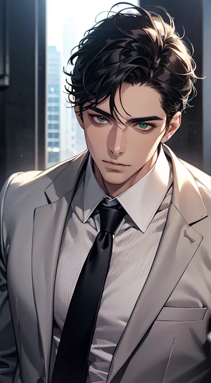 (Highest quality,4K,8K,High resolution,masterpiece:1.2),Super detailed,(Realistic,photoRealistic,photo-Realistic:1.37),1 personld,Mature Men,Beautiful skin、very handsome,Expressionless,Short gray Black hair,green eyes,Sharp Eyes,A perfect face without a doubt,Businessman, CEO, Office Background,Cinema Lighting,HDR image,tie、
