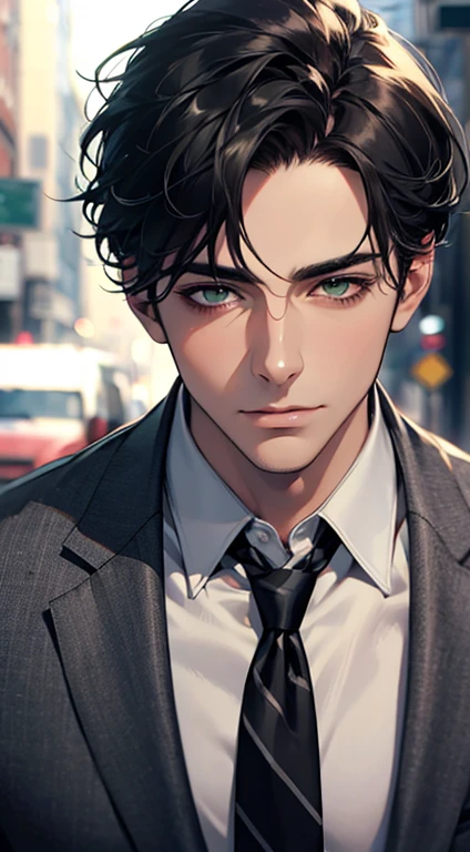 (Highest quality,4K,8K,High resolution,masterpiece:1.2),Super detailed,(Realistic,photoRealistic,photo-Realistic:1.37),1 personld,Mature Men,Beautiful skin、very handsome,Expressionless,Short gray Black hair,green eyes,Sharp Eyes,A perfect face without a doubt,Businessman, CEO, Office Background,Cinema Lighting,HDR image,tie、