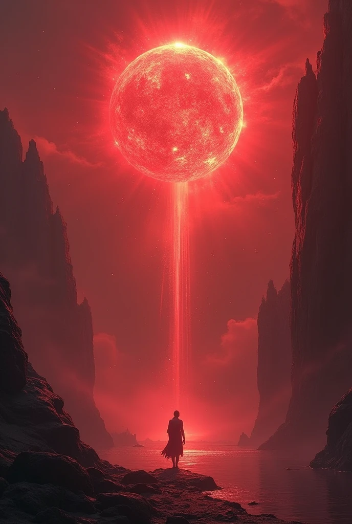 A red rift celestial body tearing the sky
