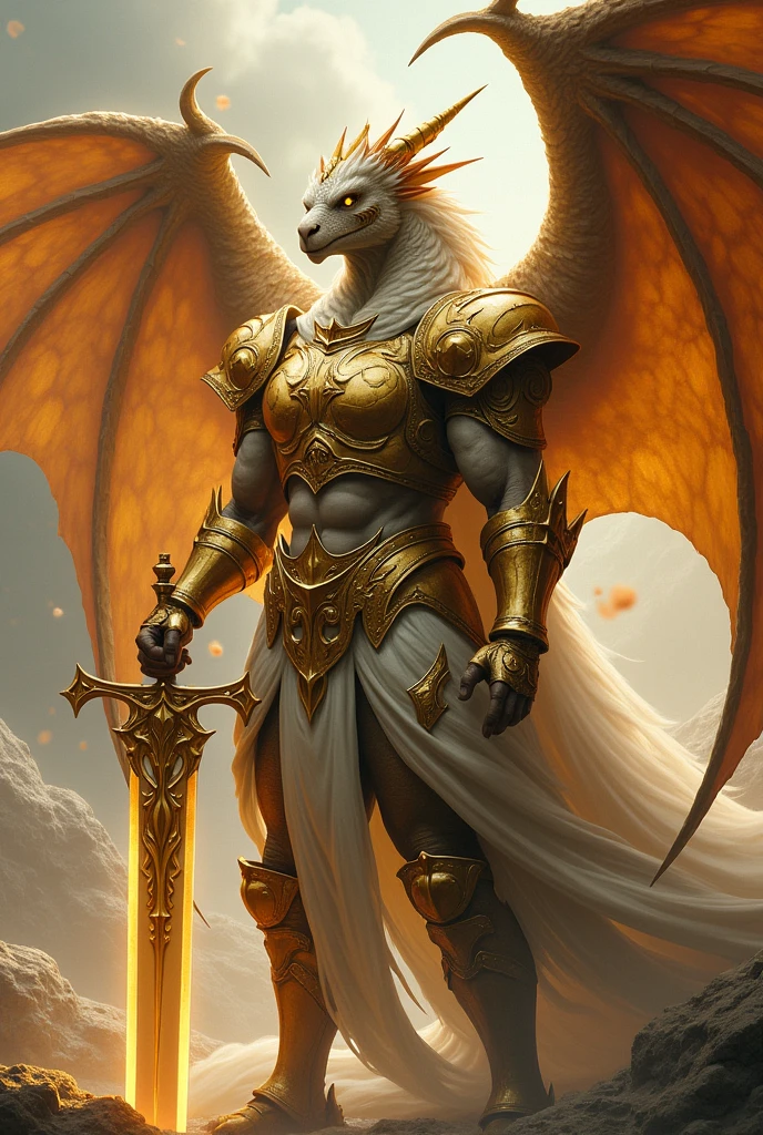 A hybrid of draconic and human,who is a paladin,with gold armor of crapicornoo,com a escalubur,with the hope of atanas