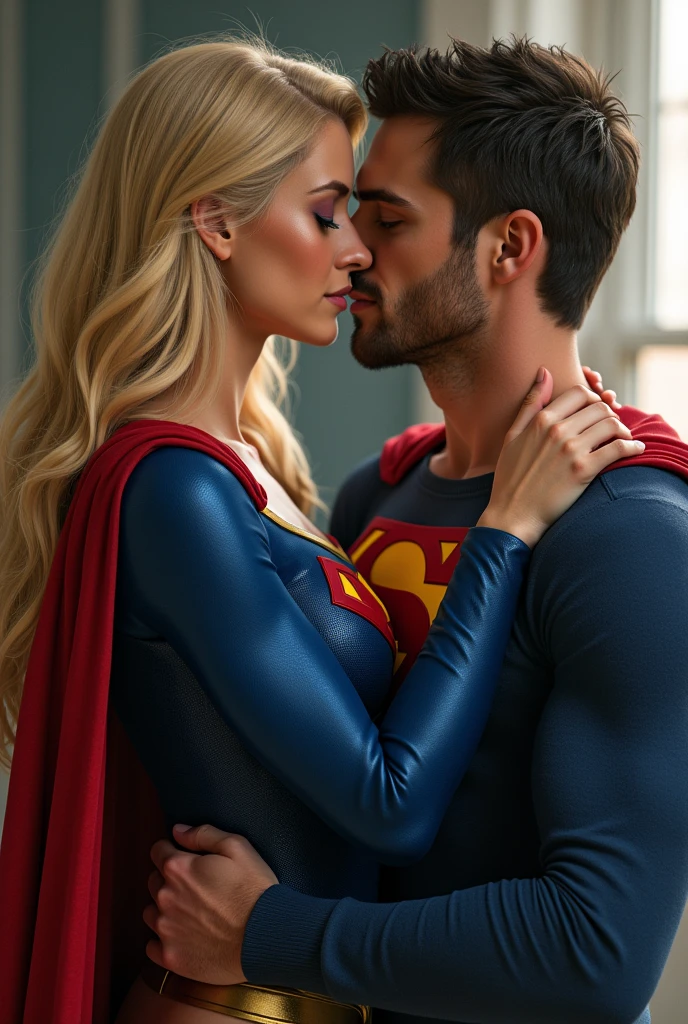 (BlowJobFullQuiron style), 1supergirl, long hair, blue eyes, blonde hair, 1boy, hetero, penis, solo focus, mole, sweater, lips, pubic hair, uncensored, erection, oral, fellatio, male pubic hair, realistic