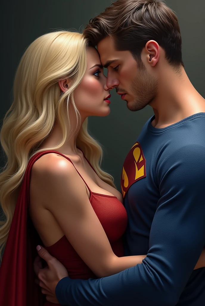 Anime style Evil supervillainess with blonde hair and sapphire eyes, wearing a pink tube top with a black heart on it. She is kissing Superman and taking over his mind.