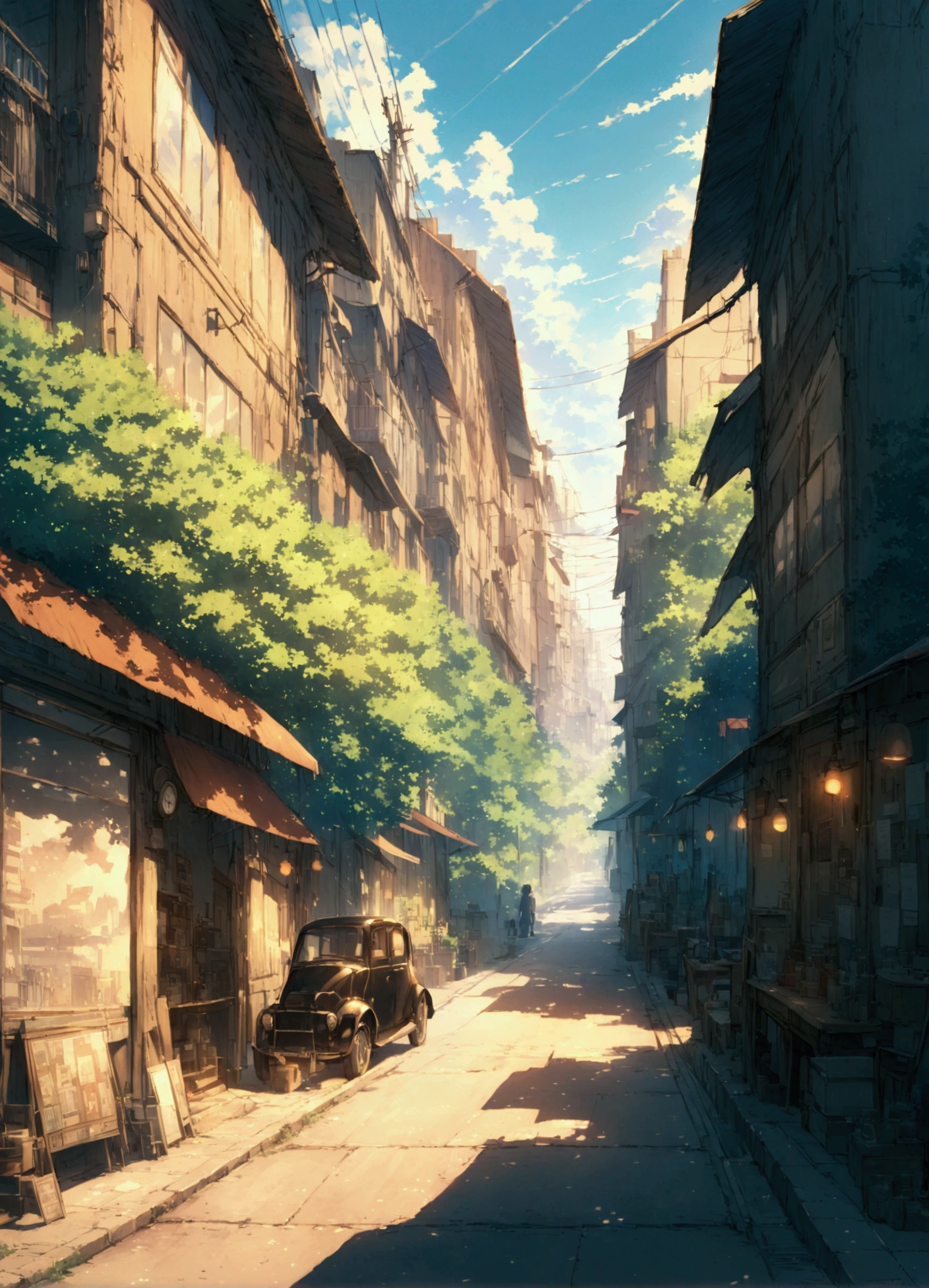 Create a highly detailed, realistic anime-style illustration of an young man standing confidently beside a classic black car in a small urban neighborhood. The man, with a stern expression, is dressed in a beige shirt tucked into black trousers, with a pocket watch hanging around his neck. His grey hair is slicked back, and he wears round glasses. The car is meticulously detailed with a glossy finish, reflecting the surroundings. The setting is a sunny day, with sharp shadows cast by the bright sunlight. The background features urban elements like power lines, buildings, and lush green trees, all rendered in a way that blends the realism of the environment with the stylized aesthetic of anime. The overall atmosphere should evoke a sense of nostalgia and respect for the character, capturing the essence of a well-lived life in a quiet, everyday setting."