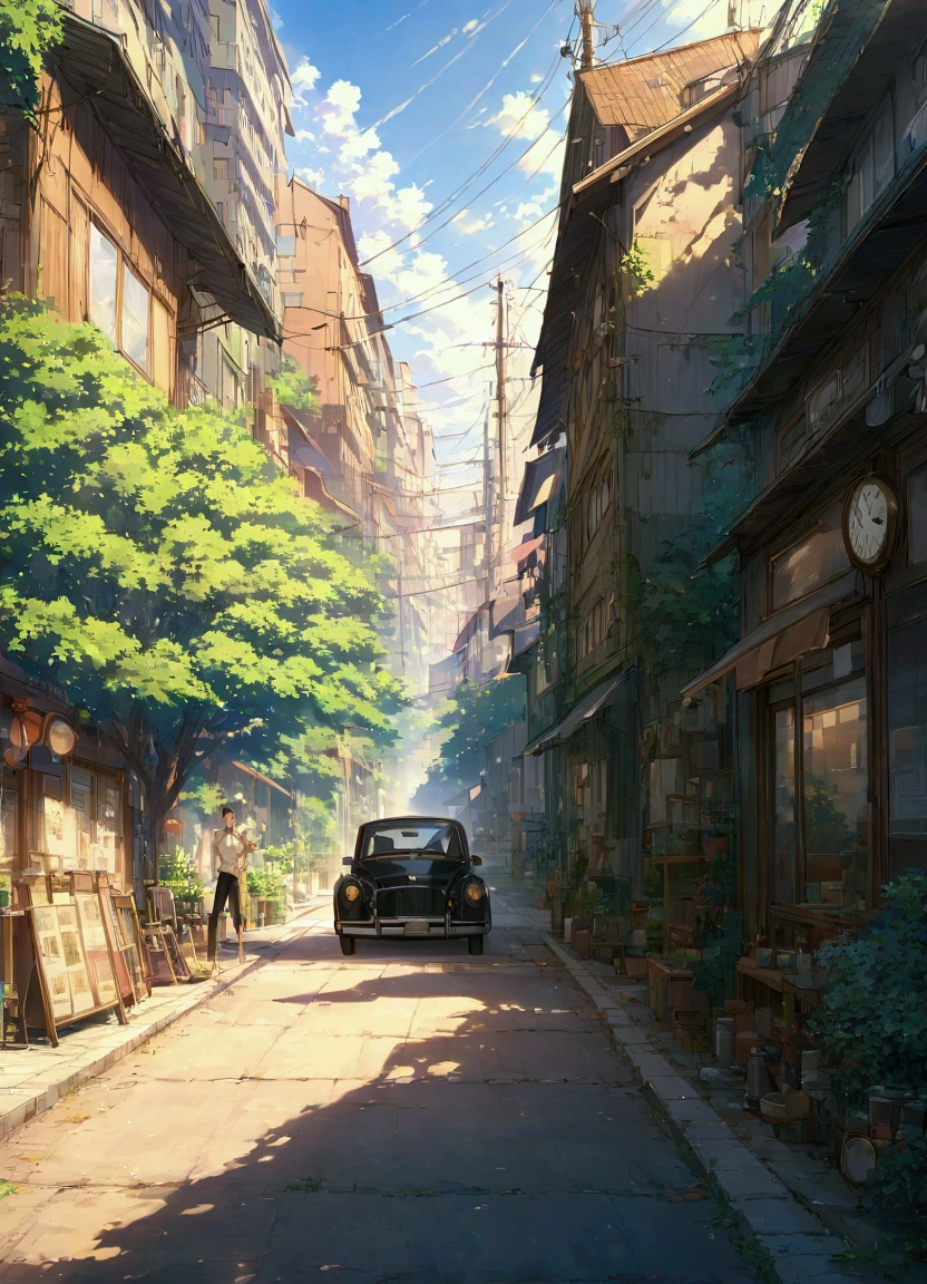 Create a highly detailed, realistic anime-style illustration of an young man standing confidently beside a classic black car in a small urban neighborhood. The man, with a stern expression, is dressed in a beige shirt tucked into black trousers, with a pocket watch hanging around his neck. His grey hair is slicked back, and he wears round glasses. The car is meticulously detailed with a glossy finish, reflecting the surroundings. The setting is a sunny day, with sharp shadows cast by the bright sunlight. The background features urban elements like power lines, buildings, and lush green trees, all rendered in a way that blends the realism of the environment with the stylized aesthetic of anime. The overall atmosphere should evoke a sense of nostalgia and respect for the character, capturing the essence of a well-lived life in a quiet, everyday setting."
