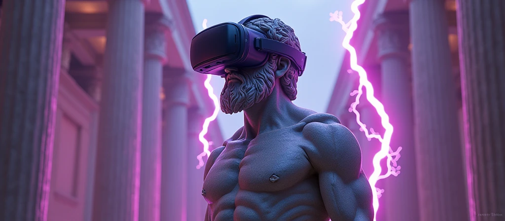 A hyper-realistic digital art of a Greek god-like figure wearing a virtual reality headset, standing in an ancient temple, surrounded by pillars, purple and pink lightning bolts crackling around, dramatic backlighting creating a neon halo effect, intricate details in the stone sculpture, futuristic and mythological fusion, high contrast, vivid colors, cinematic lighting, inspired by sci-fi and classical art, digital painting techniques, soft focus on the background, glowing elements --ar 16:9 --v 6.1