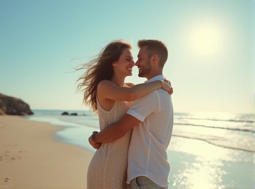 create a photo of a cute couple on the beach hugging each other