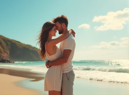 create a photo of a cute couple on the beach hugging each other
