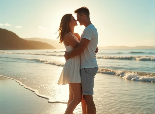 create a photo of a cute couple on the beach hugging each other