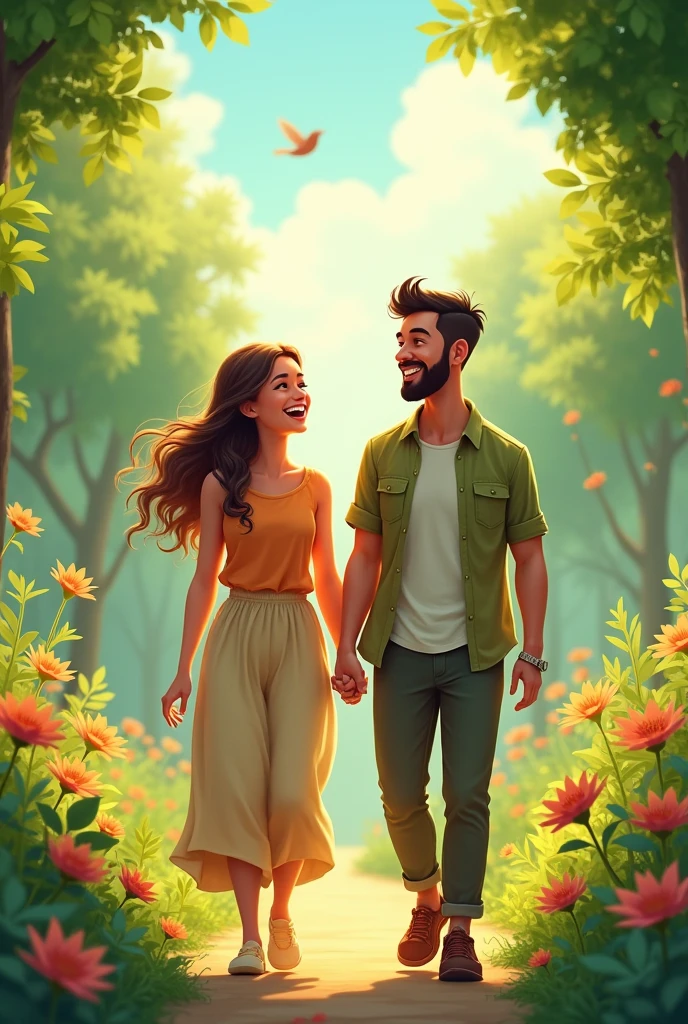The couple is walking side by side, laughing and talking animatedly. The background shows lush greenery, flowers, and perhaps a few birds. Their faces are filled with happiness as they enjoy the beauty of nature together.