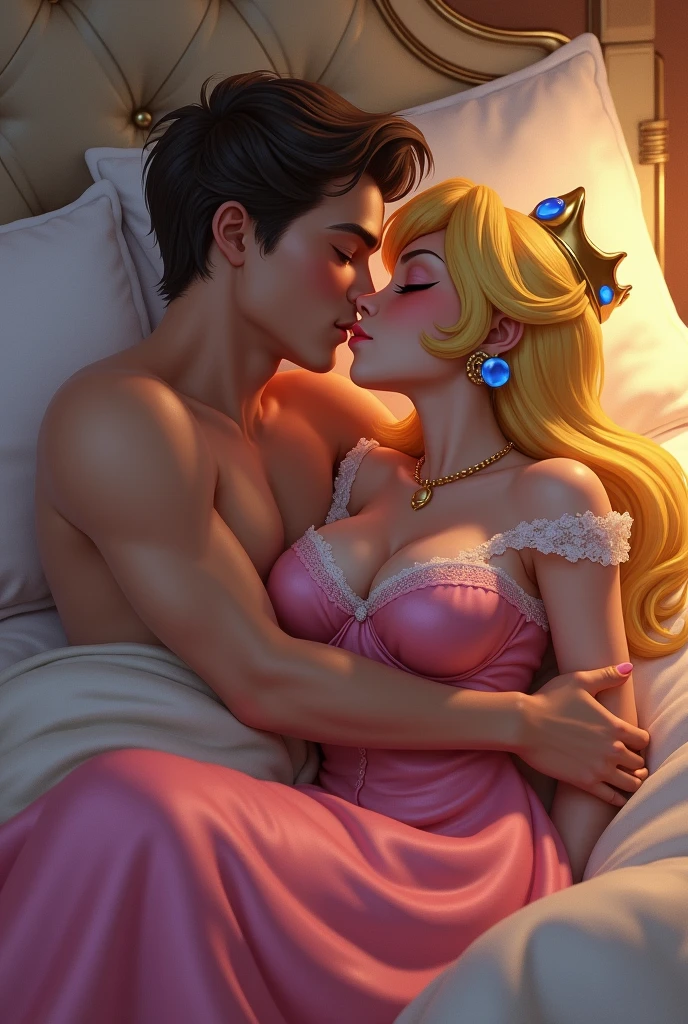 Princess Peach in a bikini sex in bed a boy arrives and gets on the bed with Princess Peach a boy gets on the bed with Princess Peach and that Princess Peach has a bigger ass Princess Peach hugs a boy in bed while showing her ass