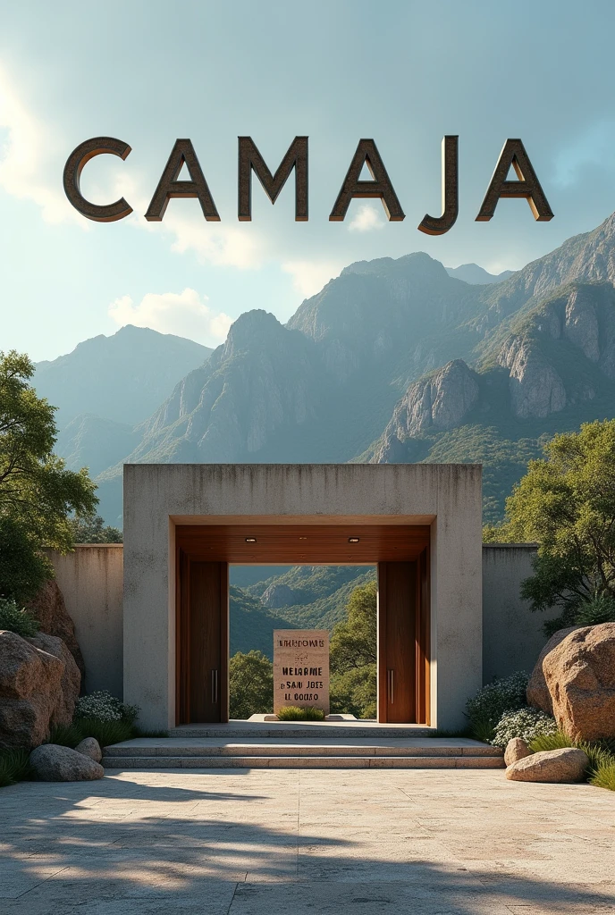 PRODUccIONES cAMAJA EN LETRAS cROMADAS, with a picture of mountains, a square, and an entrance and a rock that says Welcome to San Jose El Rodeo, background, with the initials P,c